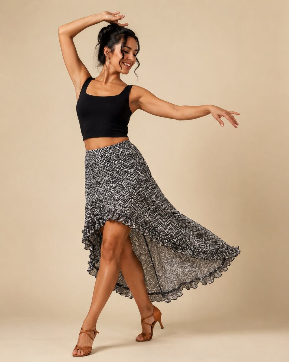Black White Chevron High Low Ruffle Hem Festival Salsa Skirt XL Flowy Dramatic